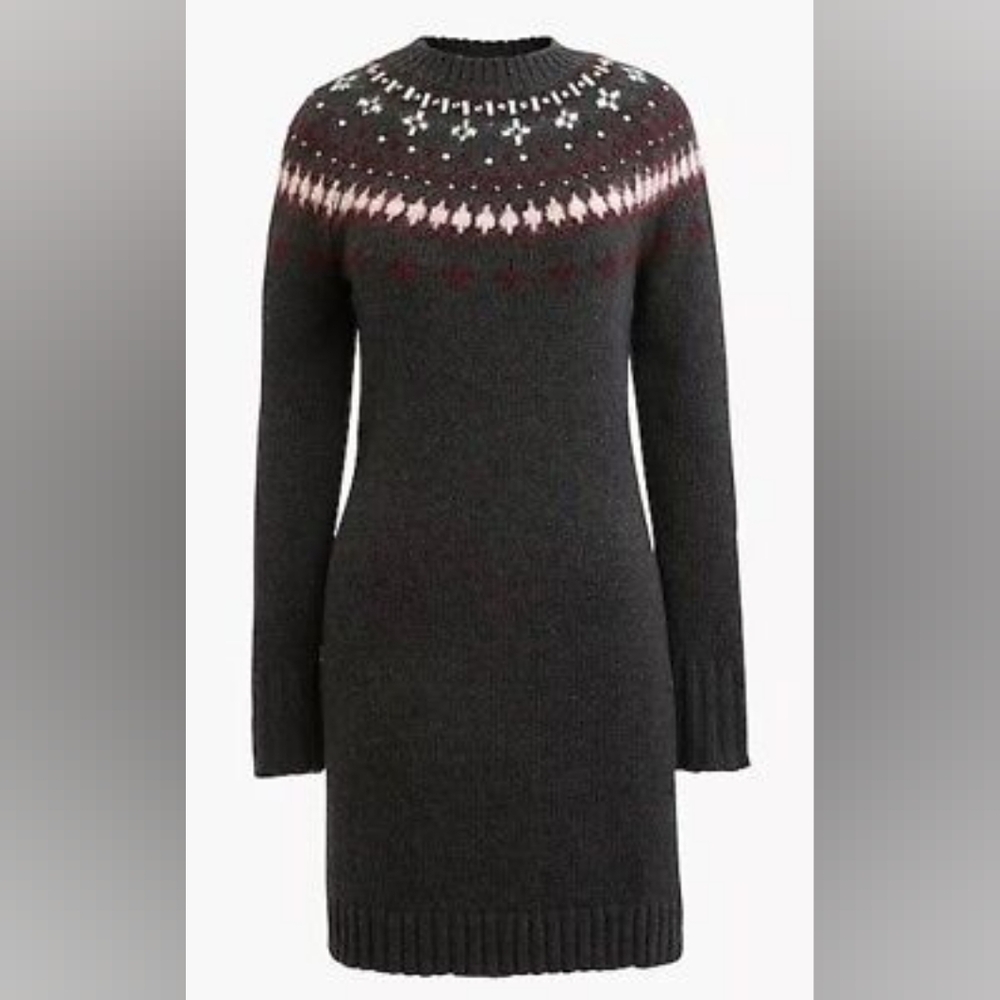 XS J. Crew Grey Jewel-Embellished Fair Isle Crewneck Sweater Dress